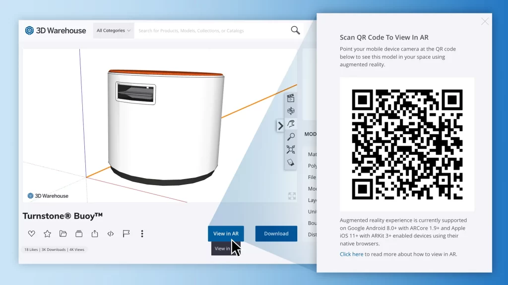 Objeto de 3D Warehouse a un lado de un código QR que se puede escanear